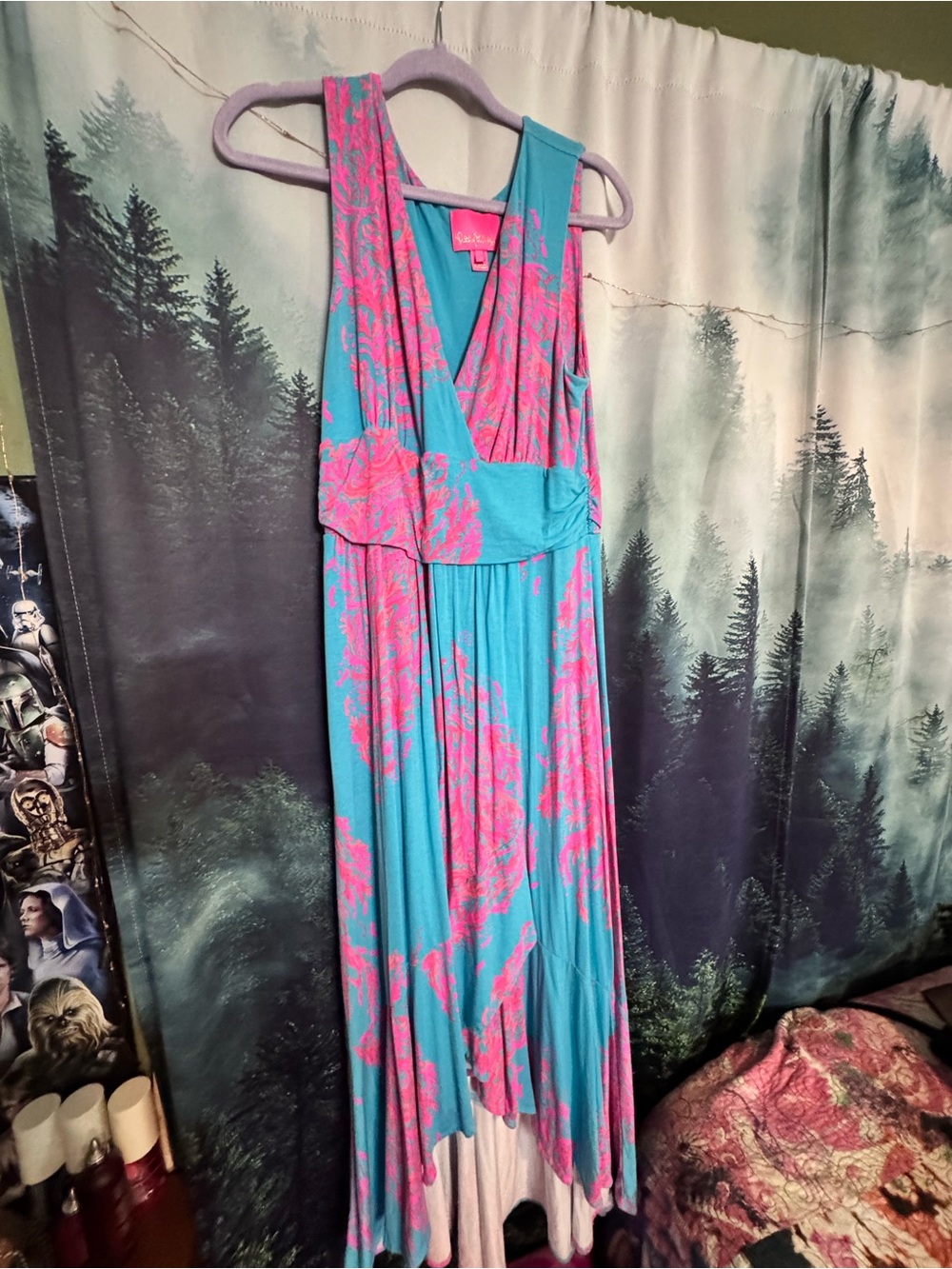 Sleeveless Blue Maxi Dress with Pink Floral Print